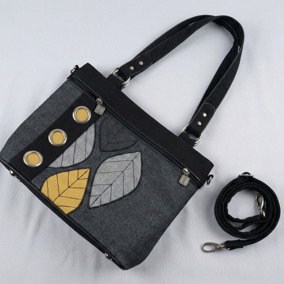 Handbags - JAK’S Leaf Pattern Convertible Shoulder Bag & Crossbody - Charcoal/Yellow